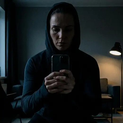 Close crop of a person holding a squat in a dim room.