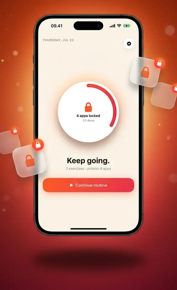 Pay In Reps on an iPhone: a progress ring reading four apps locked, one of three exercises done, above a Continue routine button. Locked app tiles float around the device.